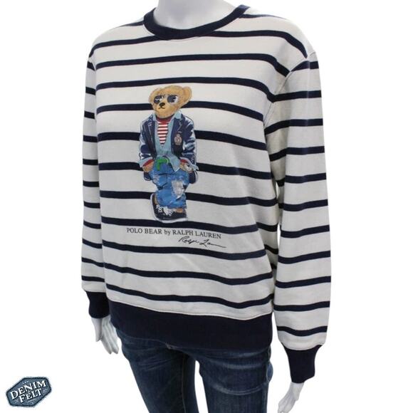 POLO RALPH LAUREN Men’s Navy Blue/White Polo Bear Striped Fleece Sweatshirt - Picture 3 of 16